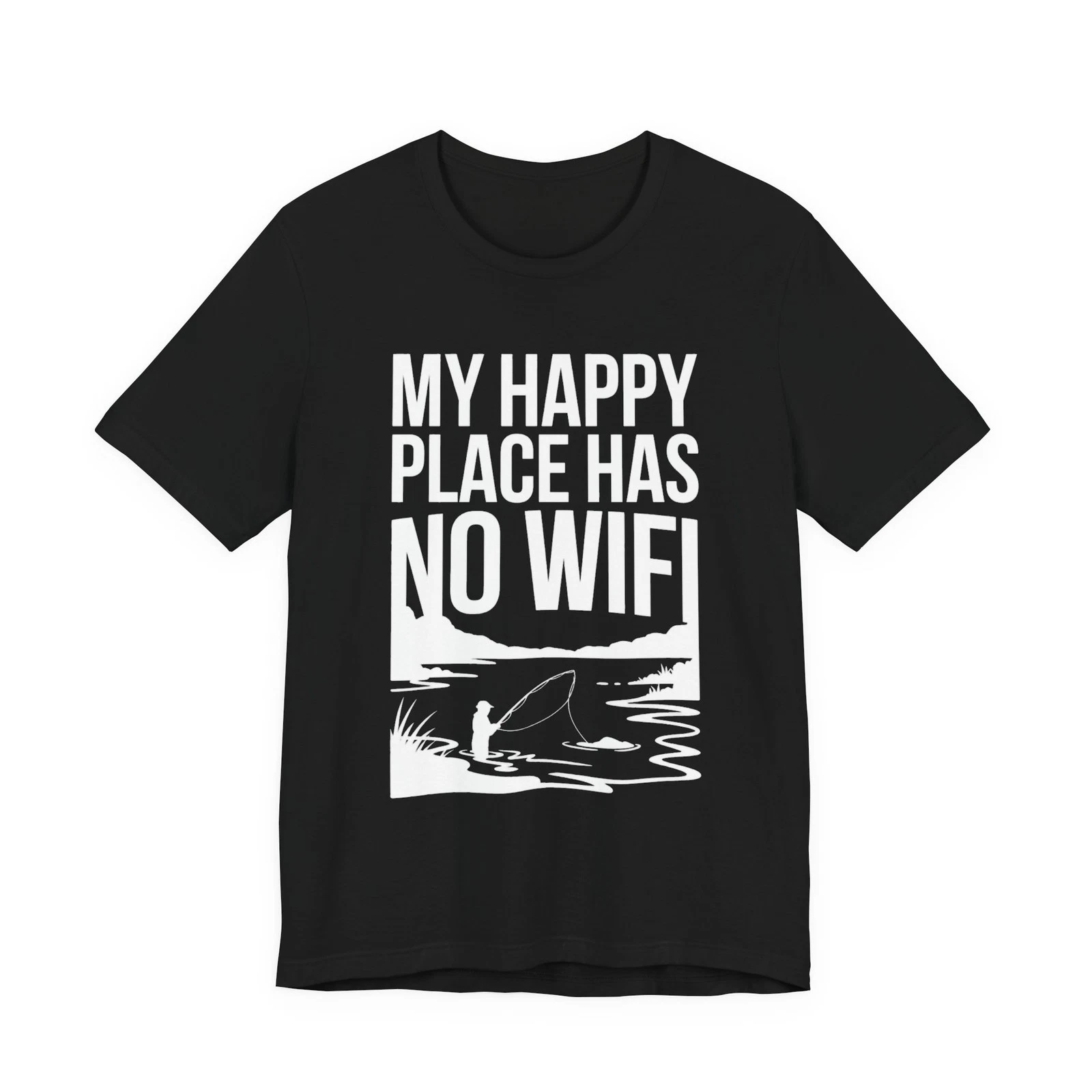 My Happy Place Has No WiFi Funny Fishing Shirt Outdoors Angler Tee Gift