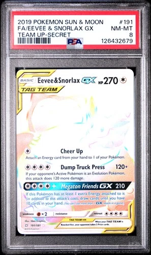 2019 POKEMON SUN & MOON TEAM UP SECRET #191 FULL ART/EEVEE & SNORLAX GX PSA 8