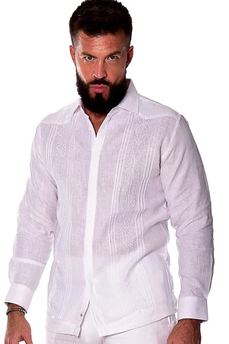 Bohio Men Linen Fancy Guayabera Style Shirt for Men - White Embroidered MLFG2030