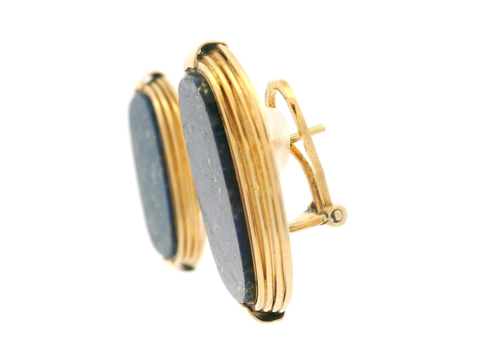 European Yellow Gold Inlaid Lapis Handmade Wire Work Large Omega Earrings image 4