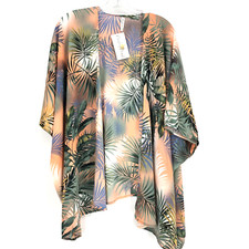 NWT Tropical Palm Tree Orange Green Short Sleeve Kimono Top One Size