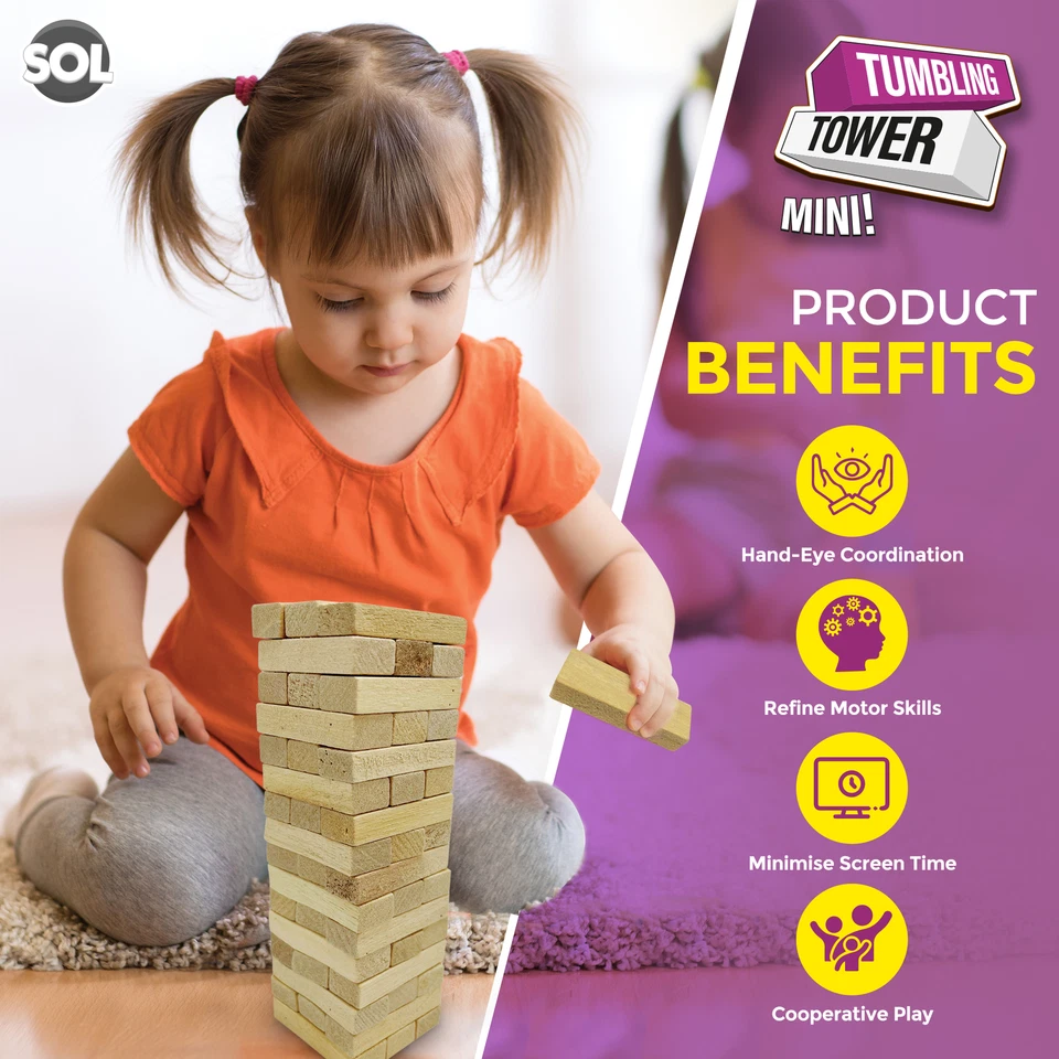 Wooden Tumbling Tower Game Traditional Stacking Family Kids Travel Friendly Mini - Image 4 of 4