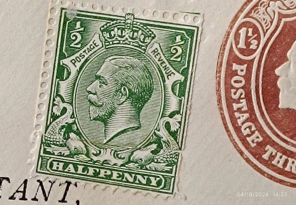 Gran Bretaña cubierta 1910, Banco de Inglaterra, Londres, E.C. 2, 1/2p cortado, no usado Foto 3 de 4