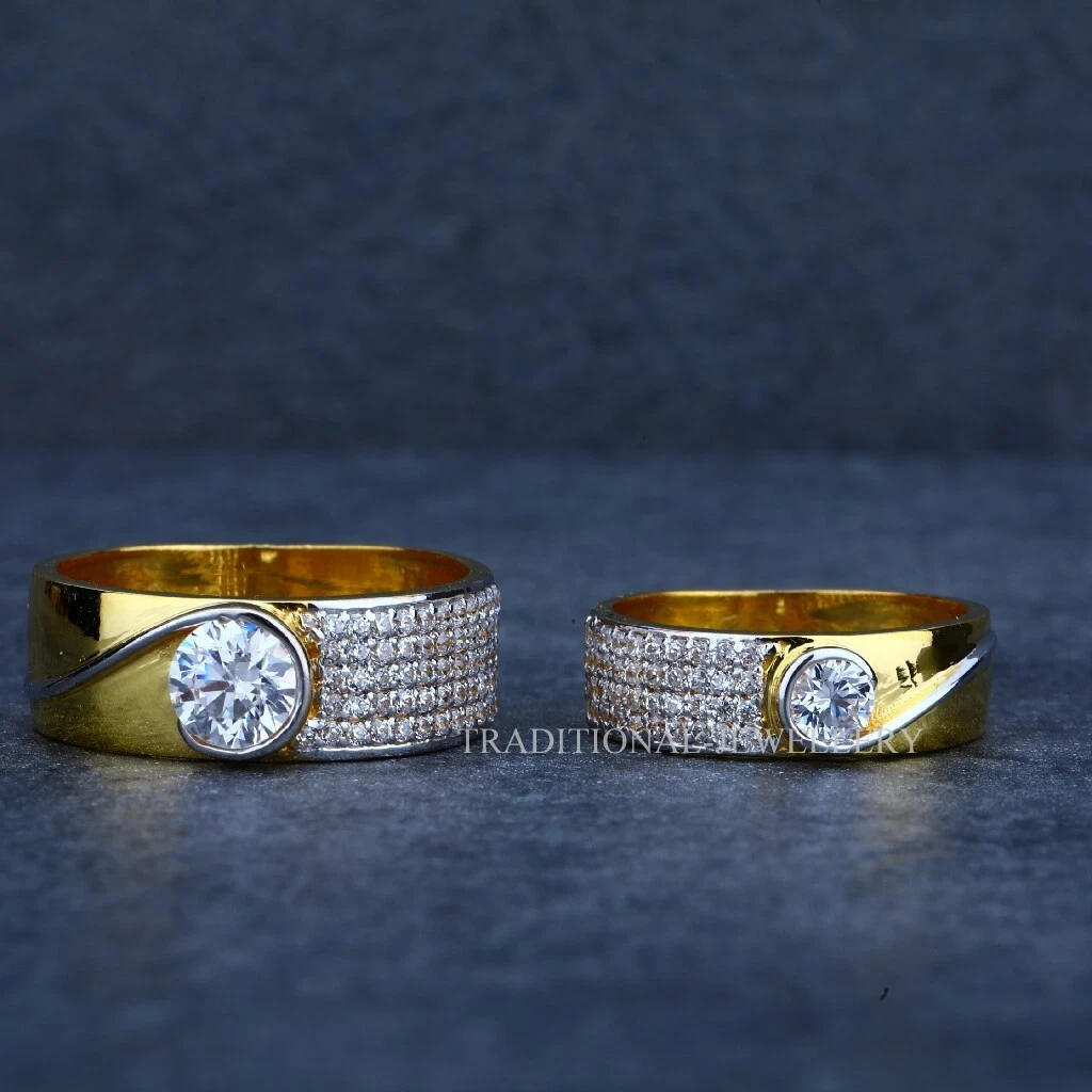 Diamond King and Queen Couple Rings Wedding Set His Her Gold