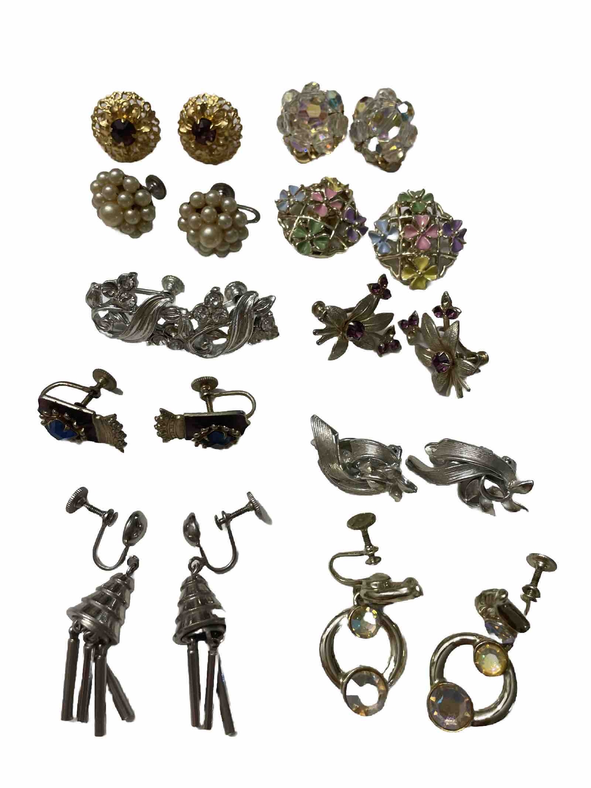 Vintage Rhinestone Enamel Floral Pearl Clip On Earrings Jewelry Lot