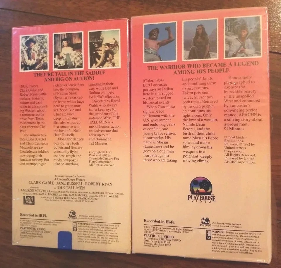 PLAYHOUSE VIDEO VHS LOT : APACHE AND THE TALL MEN (CLARK GABLE BURT LANCASTER) - Image 4 of 4