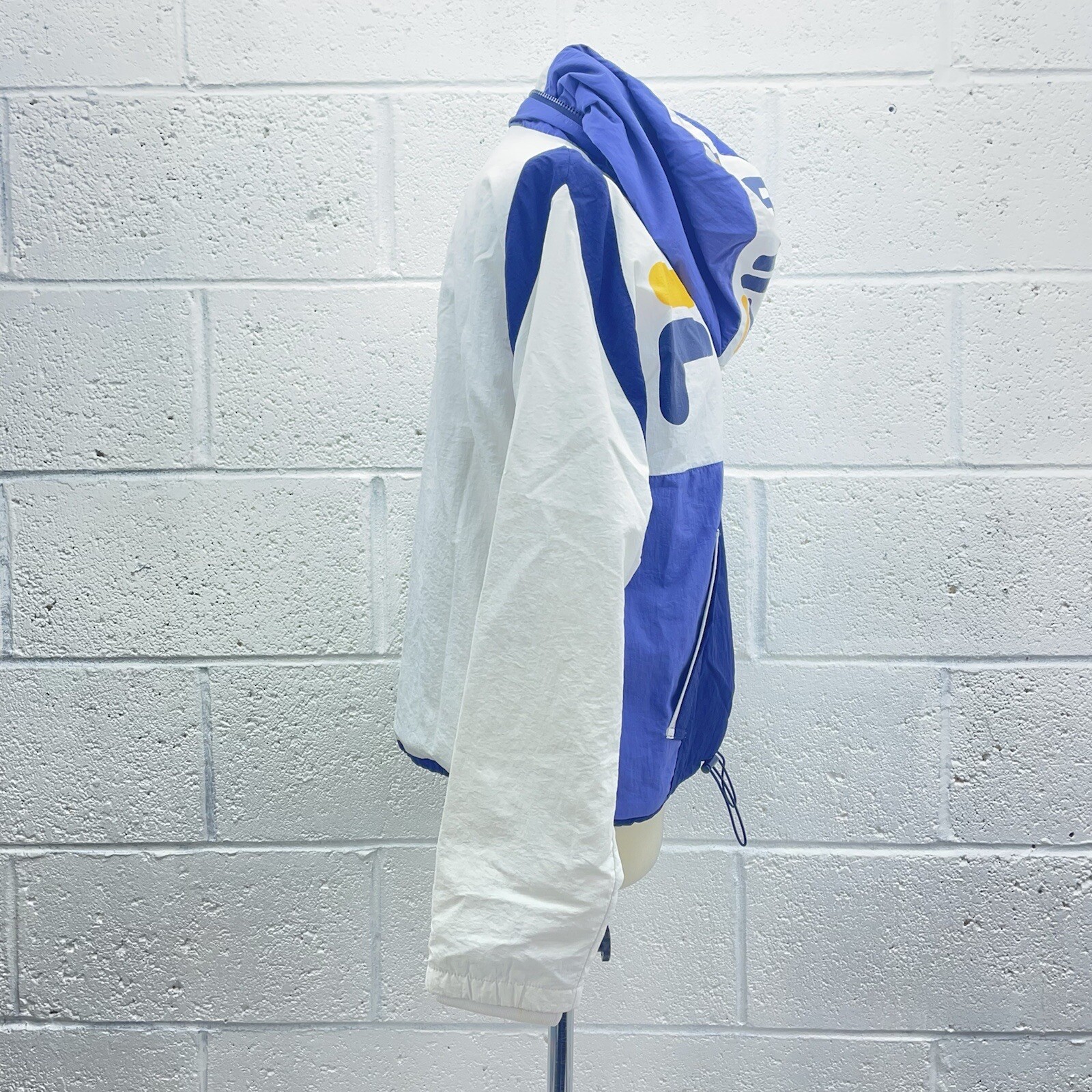 FELPA CON CAPPUCCIO FILA VINTAGE PULLOVER SPELLOUT BIANCO MARINO GIALLO CERNIERA UK 8 XS