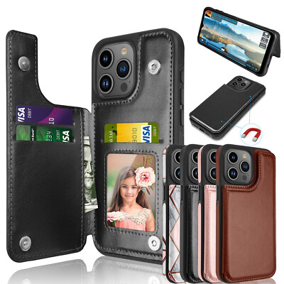 For iPhone 15 Pro Max 14 13 12 11 Phone Case Leather Wallet Card Holder Cover