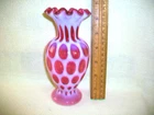 VINTAGE FENTON CRANBERRY & WHITE OPALESCENT 6-1/2" COIN DOT  VASE  EUC  USA
