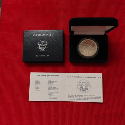 1994 American Eagle Silver Dollar  1 oz. Bullion Coin with Box & COA