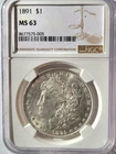 1891-P   NGC MS-63   Brilliant   Morgan Silver Dollar.   #283.