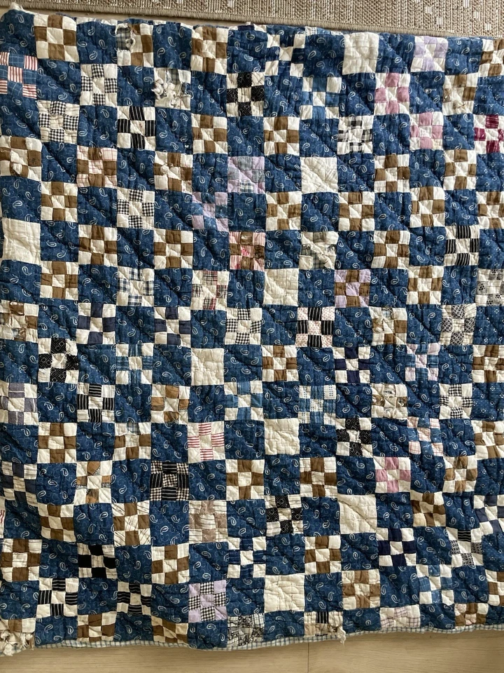 Edredón Vintage Nine Patch Azul Marrón Calico 70x80 Acolchado a Mano Desgaste Primitivo Foto 2 de 4