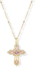 Cross Necklace for Women 14K Gold Plated Cubic Zirconia Pendant Necklace Pink Cr
