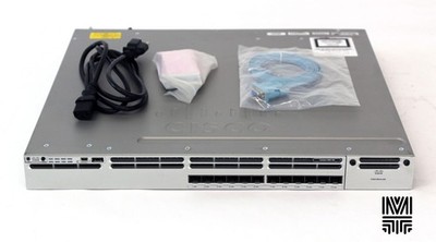 Cisco WS-C3850-12S-S Stackable 12 SFP Ethernet ports, with 350WAC power supply.