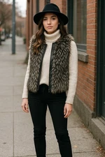 Hinge Faux Fur Vest with Leather Trim | Textured Gray Black Shag | Luxe Winter M