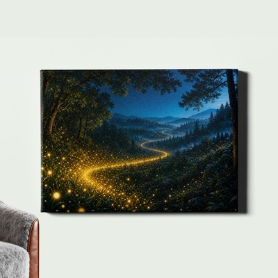 Fireflies Night Forest Canvas Print Glowing Woodland Landscape
