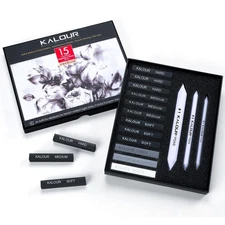 KALOUR 15 Pro Compressed Charcoal Drawing Set with Blending Stumps- Soft,Medi...