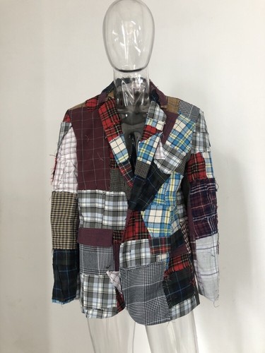 Colorful Tattered Plaid Striped Patchwork Single Breasted Blazer Suit Jacket - Picture 12 of 12