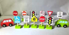 Melissa and Doug Wooden vehicle And Traffic Road Signs Lot Of 13 Pre-Owned