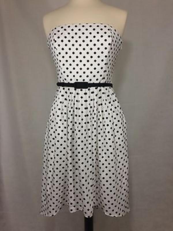 NEW Womens WHITE HOUSE BLACK MARKET Fit & Flare Dress White Black Polka Dot  Sz 8