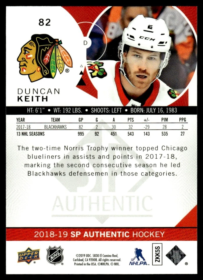 2018-19 SP Authentic Limited Red Duncan Keith Chicago Blackhawks #82 . - Image 2 of 2