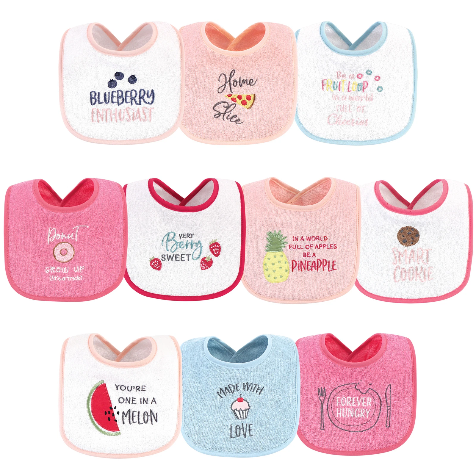 Hudson Baby Cotton Terry Drooler Bibs with Fiber Filling 10pk, Food Girl