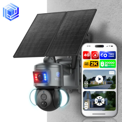 Security Camera 4G System Solar 2 Cams 2K 360 Human Tracking 24/7 Record Outdoor