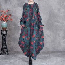 Women Floral Printed Dress Long Over The Knee Crew Neck Loose Fit Maxi Gown Robe