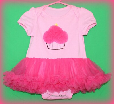 YEK Infant Girl 12M Pink Cupcake One Piece with Tulle Ruffly Skirt *GUC*