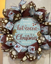 Farmhouse HOT COCOA  CHRISTMAS MOVIES   Burlap Deco Mesh WREATH Gingerbread