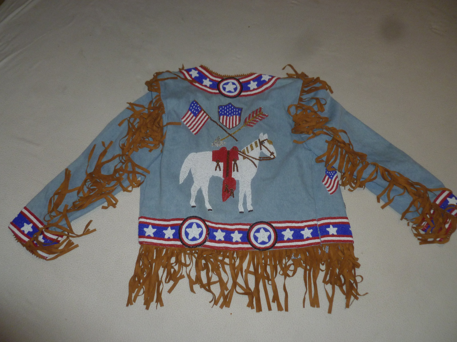 HAIRSTON ROBERSON ROPA GLASS BEADED WESTERN DENIM JACKET HORSE ARROWS FLAG STARS image 6