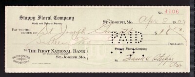 Antique : 1909 Used check : Stuppy Floral Company. St. Joseph, Missouri