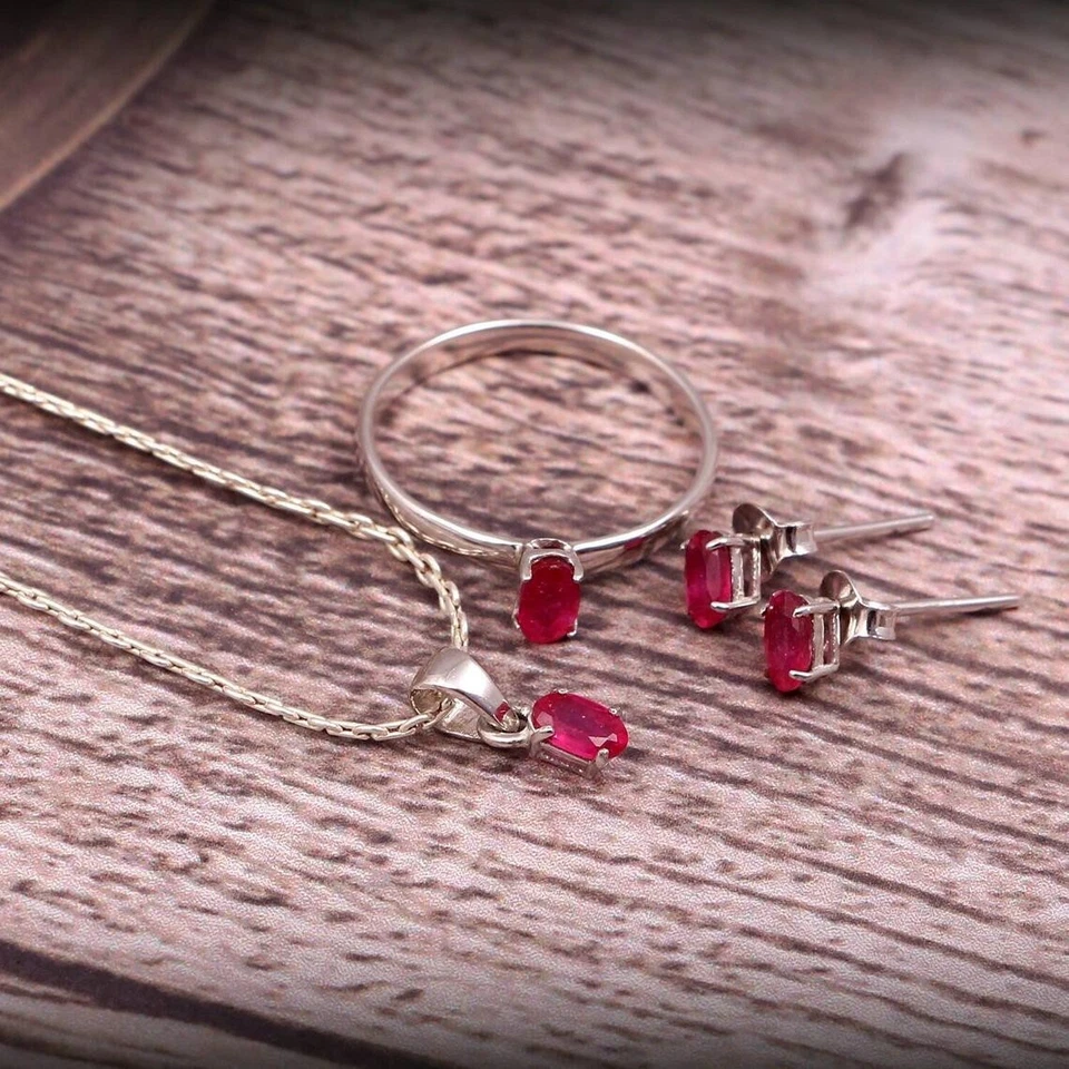 Rosa Rubino Ovale Gemma 925 Argento Sterling Donna Gioielli Set Damigella Regali - Immagine 3 di 4