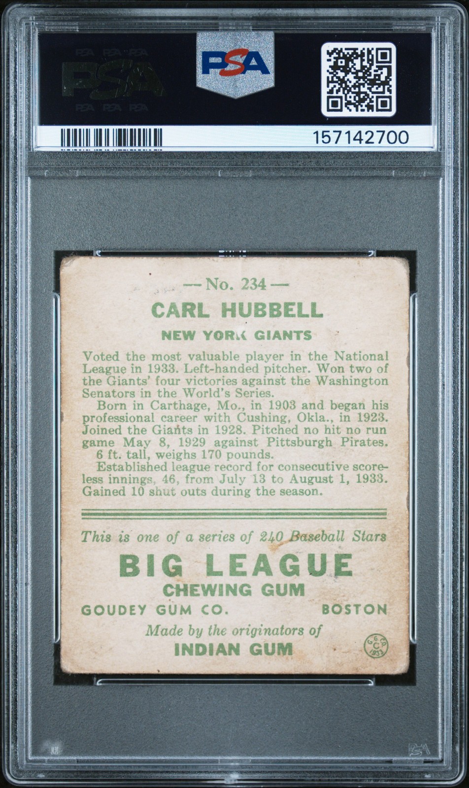 1933 GOUDEY #234 CARL HUBBELL ROOKIE RC PSA 1 view 2