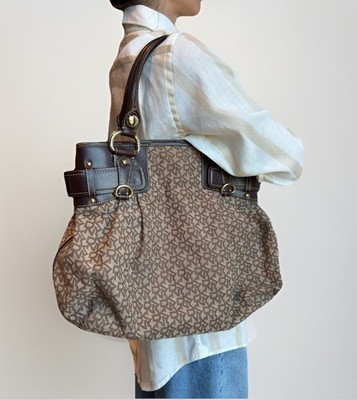 DDP DKNY Vintage Monogram Leather Shoulder Tote Bag Brown Large