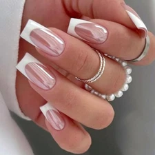 24Pcs White French Tip Press on Nails, Medium Square French Tip Fake Nails 