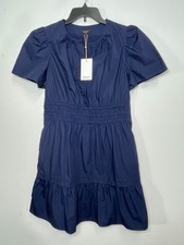 QUINCE  Women 100% Organic Cotton Poplin Tiered Mini Dress Navy Basic Sleeved M