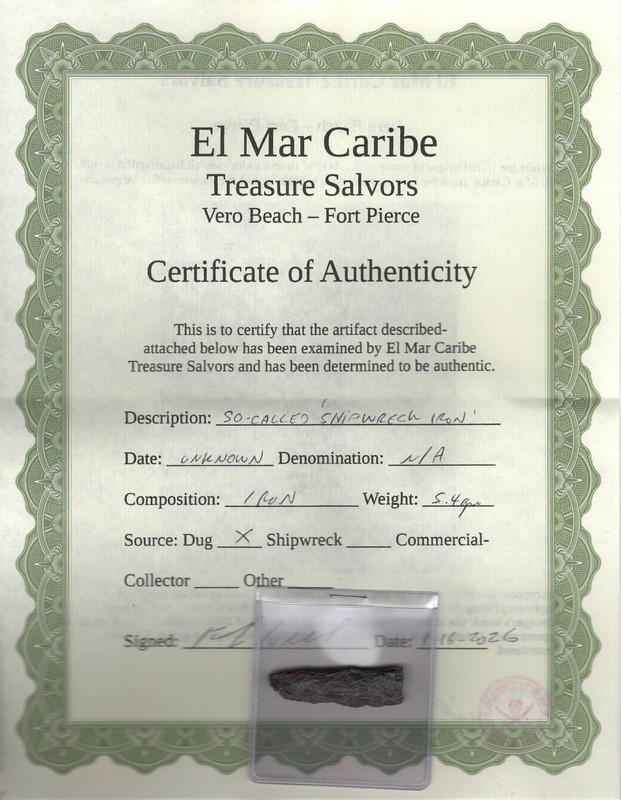 So-Called 'Shipwreck Iron' Fragment w/COA and FREE Spanish Cob, Shipwreck Pirate