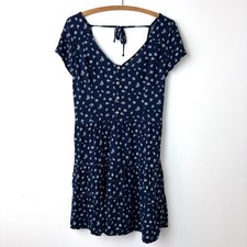 Hollister Floral Dress L Navy Blue Cottagecore Milkmaid Preppy Feminine Smocked