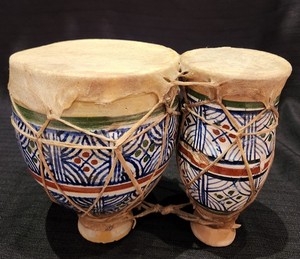 Vtg 1960s Moroccan Tbilat Double Bongo Drums Clay Pottery Goat Skin Handcrafted