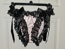 Vintage Girly Glossy Satin And Lace String Black Pink Bikini Panties Size Large