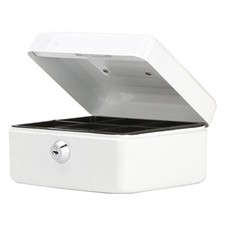 Small Cash Box Metal Money Box with Key Lock, White, Portable Tabletop Safe