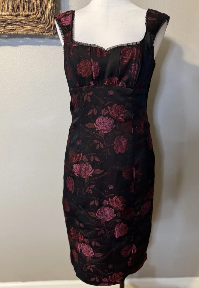 Nanette Lepore Vintage Corset Dress 10 Ruby Red Black Roses Whimsigoth Y2K - Image 4 of 4