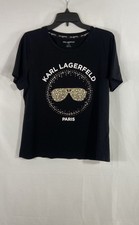 Karl Lagerfeld Paris Women's Black Rhinestone Beaded Sunglasses T-Shirt Sz L