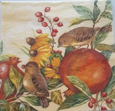 2 individual Paper Decoupage NAPKINS - FALL BIRDS FRUIT FLOWERS BRUSH