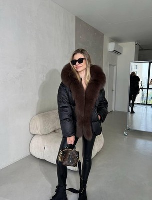 Brown Down Jacket Parka, Natural Fox Fur Trim, Water-Repellent Raincoat Fabric