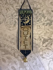 Vintage Tapestry “QUIET” Door Hanger Bell Night Window Moon Stars 11”
