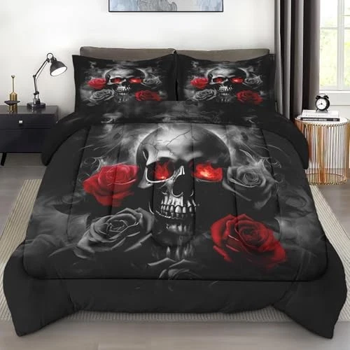 Juego de edredón tamaño llama 3 piezas ropa de cama suave para niños y calavera king rosa roja Foto 2 de 4