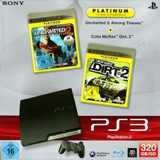 PS3 - Konsole Slim 250GB #schwarz + Uncharted 2 + Dirt 2 mit OVP OVP beschädigt
