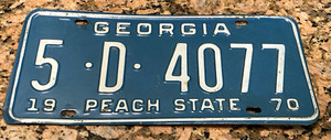 1970 Georgia license plate Bibb County 5-D-4077 MASH 4077th Macon Peach State GA